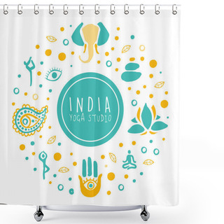 Personality  India Yoga Studio Banner, Ayurveda, Traditional Medicine, Meditation Class And Spiritual Practice Card, Poster, Background Hand Drawn Vector Illustration Shower Curtains