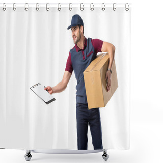 Personality  Smiling Delivery Man With Cardboard Box, Empty Notepad And Pen Isolated On White Shower Curtains