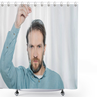 Personality  Serious Bearded Male Hypnotist Holding Dowsing And Looking At Camera  Shower Curtains
