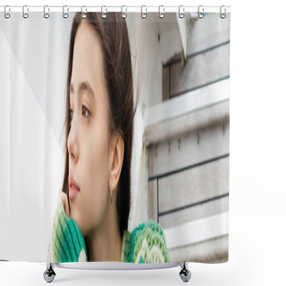 Personality  Portrait Of Young Brunette Woman In Sweater Looking Away During Trip On Yacht, Banner  Shower Curtains