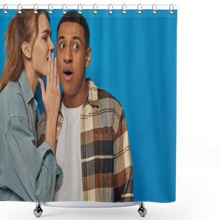 Personality  Young Woman Whispering In Ear Of Amazed African American On Blue Background, Sharing Secrets Shower Curtains