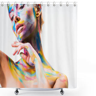 Personality  Attractive Girl With Colorful Bright Body Art Touching Neck Isolated On White  Shower Curtains