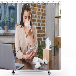 Personality  Young Businesswoman Using Smartphone And Suffering From Allergy At Workplace   Shower Curtains