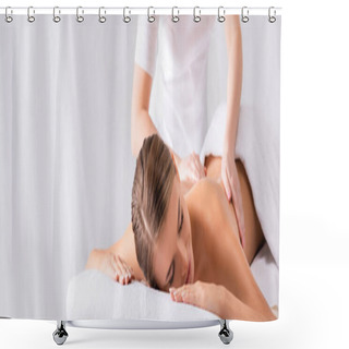 Personality  Masseur Massaging Pleased Young Woman On Massage Table In Spa Salon, Banner Shower Curtains