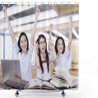 Personality  Three Happy Students Raise Hands In Class Shower Curtains