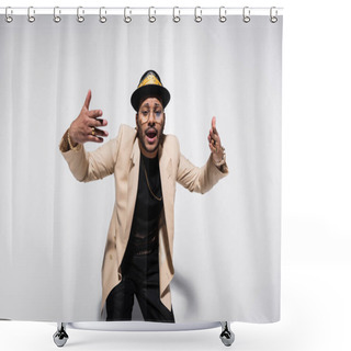 Personality  Eastern Hip Hop Performer In Fedora Hat And Eyeglasses Singing And Gesturing On Grey Shower Curtains