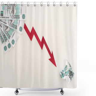 Personality  Top View Of Crisis Graph Near Ruble Banknotes Isolated On White  Shower Curtains