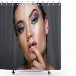 Personality  Sensual Thoughtful Woman With Glitter Makeup, Isolated On Grey Shower Curtains