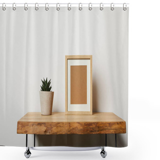 Personality  Green Plant Near Frame On Wooden Table At Home Shower Curtains