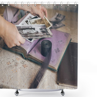 Personality  Woman Looking At Retro Photos In Vintage Album, Old Photo Film Shower Curtains