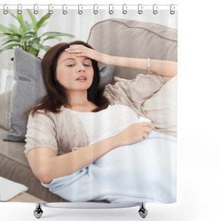 Personality  Sick Woman Lying On The Sofa And Touching Her Forehead Shower Curtains