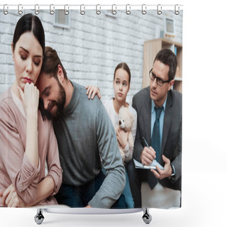 Personality  Bearded Man Asking For Forgiveness From Frustrated Woman In Office Of Family Psychologist Shower Curtains