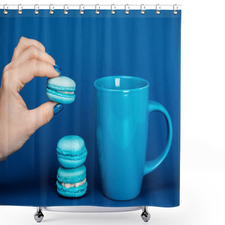 Personality  Cropped View Of Woman Holding French Macaroon Near Cup On Blue Background  Shower Curtains