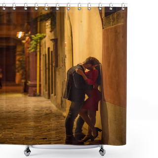 Personality  Young Couple Embracing And Kissing While Standing Near Wall At Night Shower Curtains