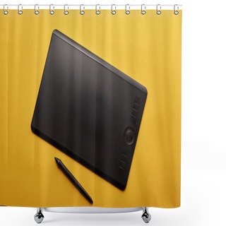 Personality  Top View Of Graphics Tablet And Pen On Yellow Surface Shower Curtains