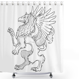 Personality  Heraldic Griffin Walking On Hind Legs. Heraldic Supporter A Part Of A Coat Of Arms. Black Line Drawing Isolated On White Background. EPS10 Vector Illustration. Shower Curtains