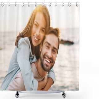 Personality  Image Of Young Happy Man Giving Piggyback Ride Beautiful Woman Shower Curtains