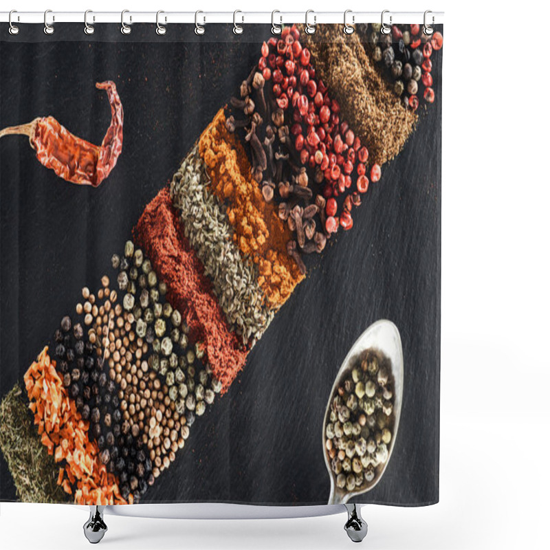 Personality  Top View Of Traditional Indian Spices On Textured Black Background Near Spoon With White Pepper And Dried Chili Pepper Shower Curtains