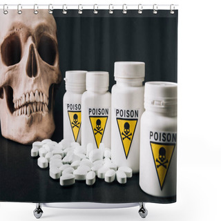 Personality  Jars With Poison Sign By Pills And Skull Isolated On Black Shower Curtains