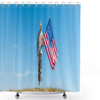 Personality  Panoramic Shot Of Handsome Military Man In Uniform Holding American Flag With Stars And Stripes  Shower Curtains