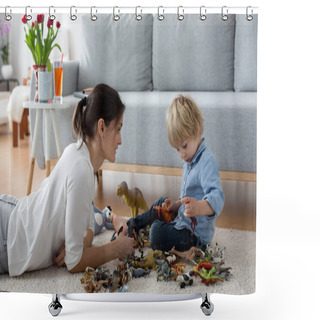 Personality  Cute Blond Child, Toddler Boy, Playing At Home With Dinosaurs, Sitting On The Floor Shower Curtains