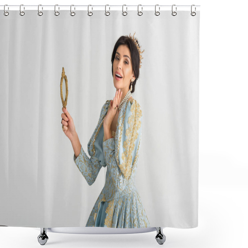 Personality  Shocked Queen With Crown Holding Mirror Isolated On Grey Shower Curtains