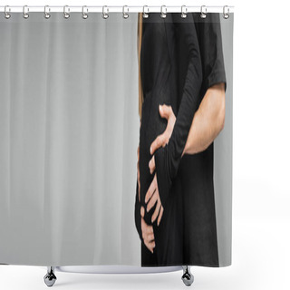 Personality  Cropped View Of Man In T-shirt Hugging And Touching Belly Of Stylish Pregnant Wife In Black Dress And Standing Together Isolated On Grey, Growing New Life Concept, Banner  Shower Curtains
