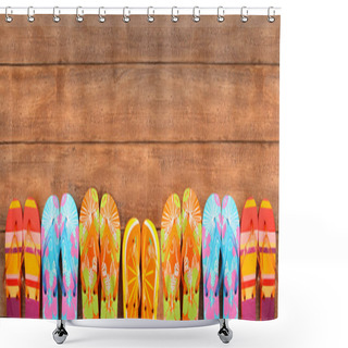 Personality  Brightly Colored Flip-flops On Wood Shower Curtains