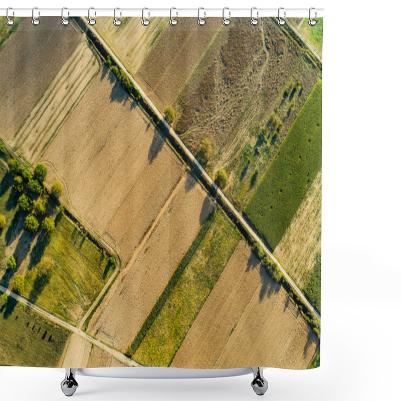 Personality  Abstract Geometric Shapes Of Agricultural Parcels Of Different Crops In Green And Yellow Colors. Aerial Top Down View Of Farmlands In Peloponnese, Greece. Shower Curtains