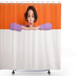Personality  Portrait Of Impressed Lady Pouted Lips Look Camera Unbelievable Offer Isolated On Orange Color Background. Shower Curtains