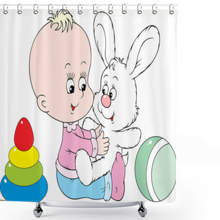 Personality  Child Plays With His Best Friend - White Bunny Shower Curtains