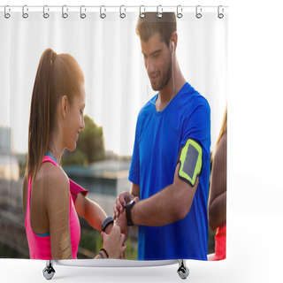 Personality  Outdoor Young Couple Using They Smartwatch After Running. Shower Curtains