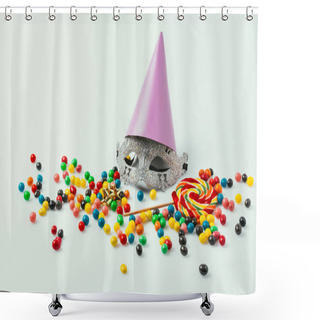 Personality  Close Up View Of Masquerade Mask, Party Cone And Sweets Isolated On Grey   Shower Curtains