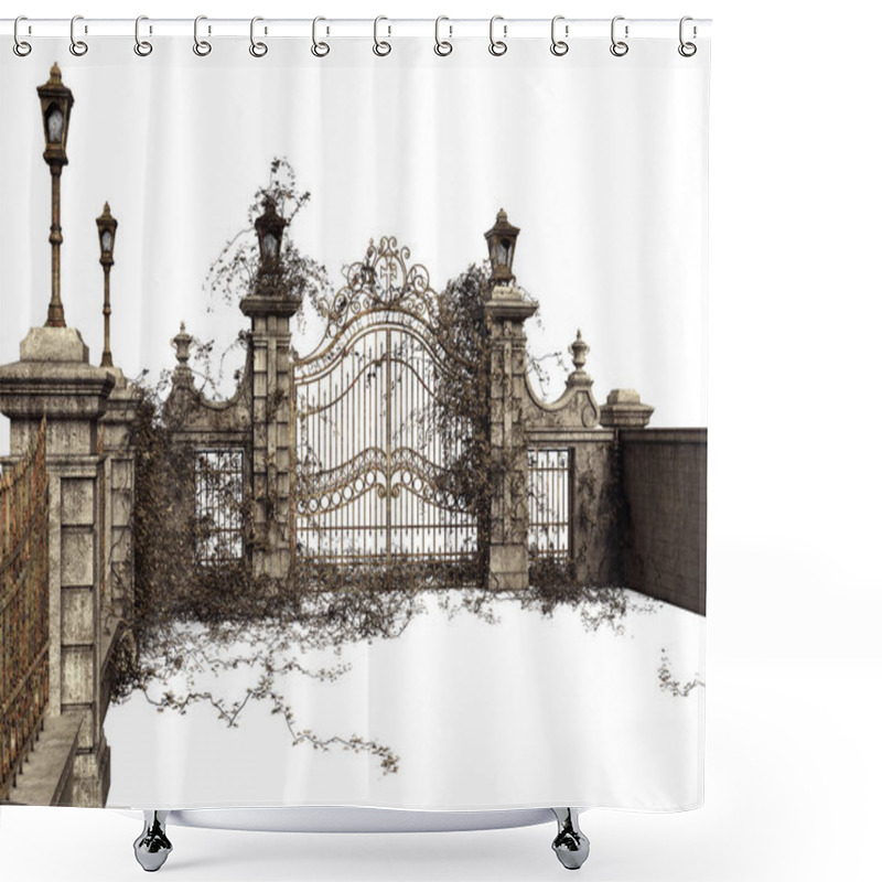 Personality  Stone Wall With Ornate Wrought Iron Gate And Lamps Shower Curtains