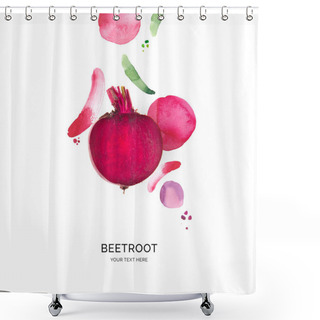 Personality  Creative Layout Made Of Beetroot With Watercolor Spots On The White Background. Flat Lay. Food Concept. Shower Curtains