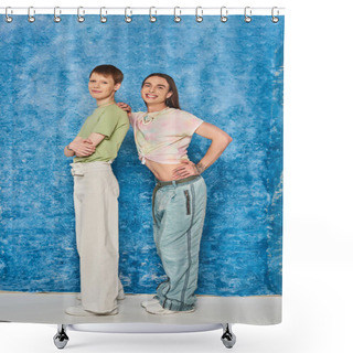 Personality  Full Length Of Stylish And Cheerful Homosexual Man Hugging Friend With Crossed Arms While Celebrating Pride Moth Together On Textured Blue Background Shower Curtains