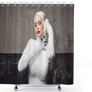 Personality  Glamorous Mummy. Portrait Of A Young Beautiful Woman In Bandages All Over Her Body Shower Curtains