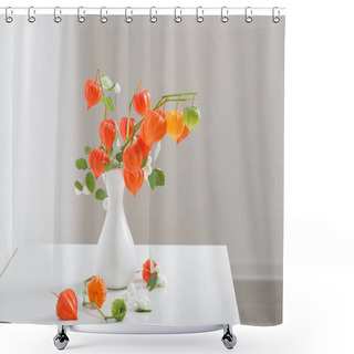 Personality  Red Physalis On Wooden Table Shower Curtains