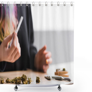 Personality  Cropped View Of Girl Holding Joint At Table With Medical Marijuana Shower Curtains