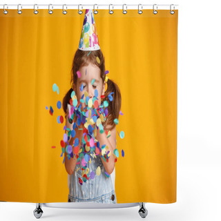 Personality  Happy Birthday Child Girl With Confetti On  Colored Yellow Background Shower Curtains
