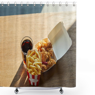 Personality  Deep Fried Chicken, French Fries And Soda In Glass On Wooden Table In Sunlight Shower Curtains