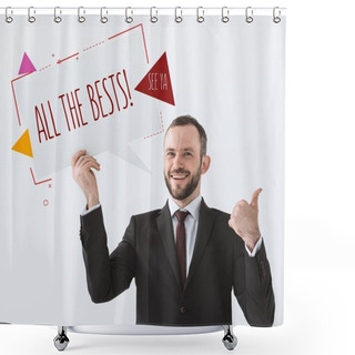 Personality  Businessman Showing Card And Sign All The Bests  Shower Curtains