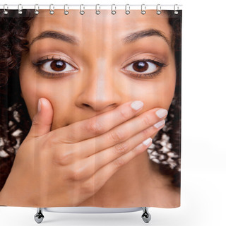 Personality  Surprised Young African Woman With Hands Over Her Mouth Shower Curtains
