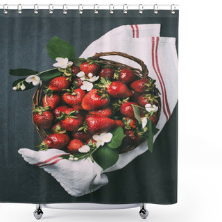 Personality  Fresh Ripe Strawberries And Beautiful Jasmine Flowers In Basket On Black Shower Curtains