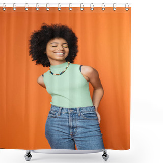 Personality  Joyful And Stylish African American Teenage Girl With Necklace And Bold Makeup Closing Eyes While Standing Isolated On Orange, Trendy Teenage Girl Expressing Individuality Shower Curtains