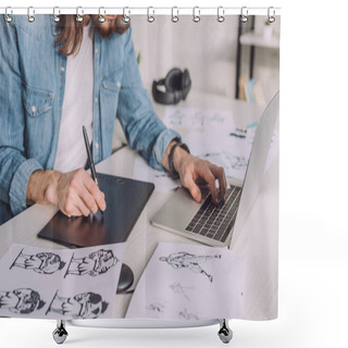 Personality  Cropped View Of Animator Using Gadgets Near Sketches  Shower Curtains