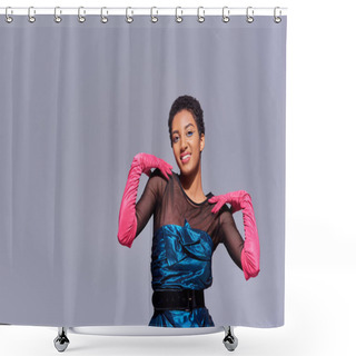 Personality  Trendy Young African American Woman In Pink Gloves And Cocktail Dress Touching Shoulders And Smiling Isolated On Grey, Modern Generation Z Fashion Concept Shower Curtains