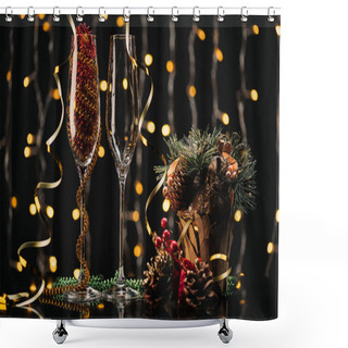 Personality  Empty Wineglasses And Christmas Decorations Shower Curtains