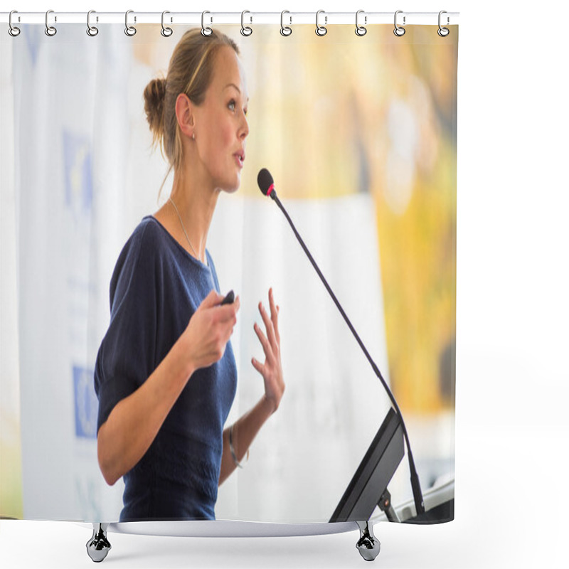Personality  Business woman giving a presentation shower curtains