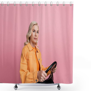 Personality  Blonde Woman In Jacket Holding Steering Wheel Isolated On Pink  Shower Curtains